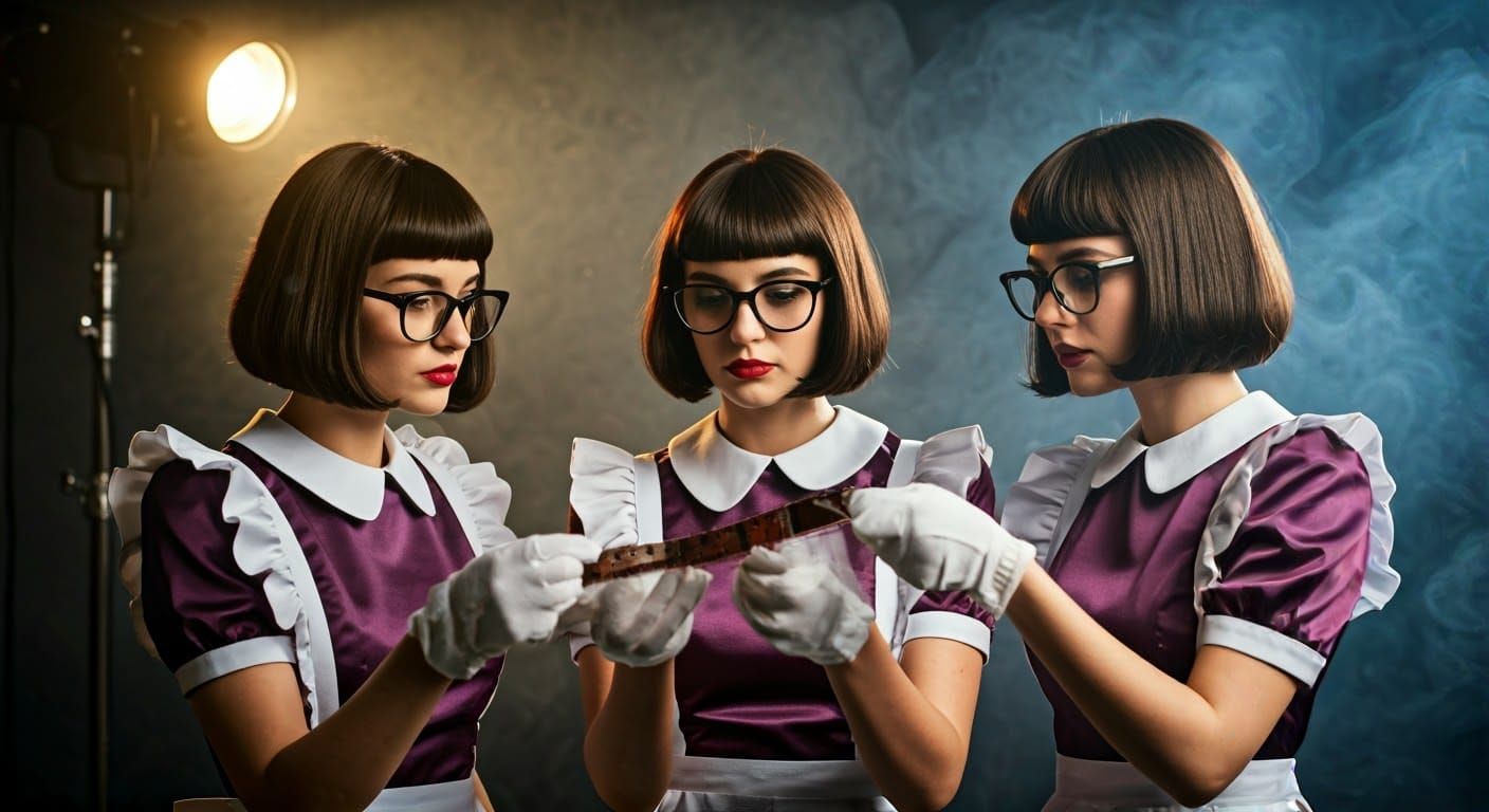 Women Inspecting Film Strip in Vintage Studio