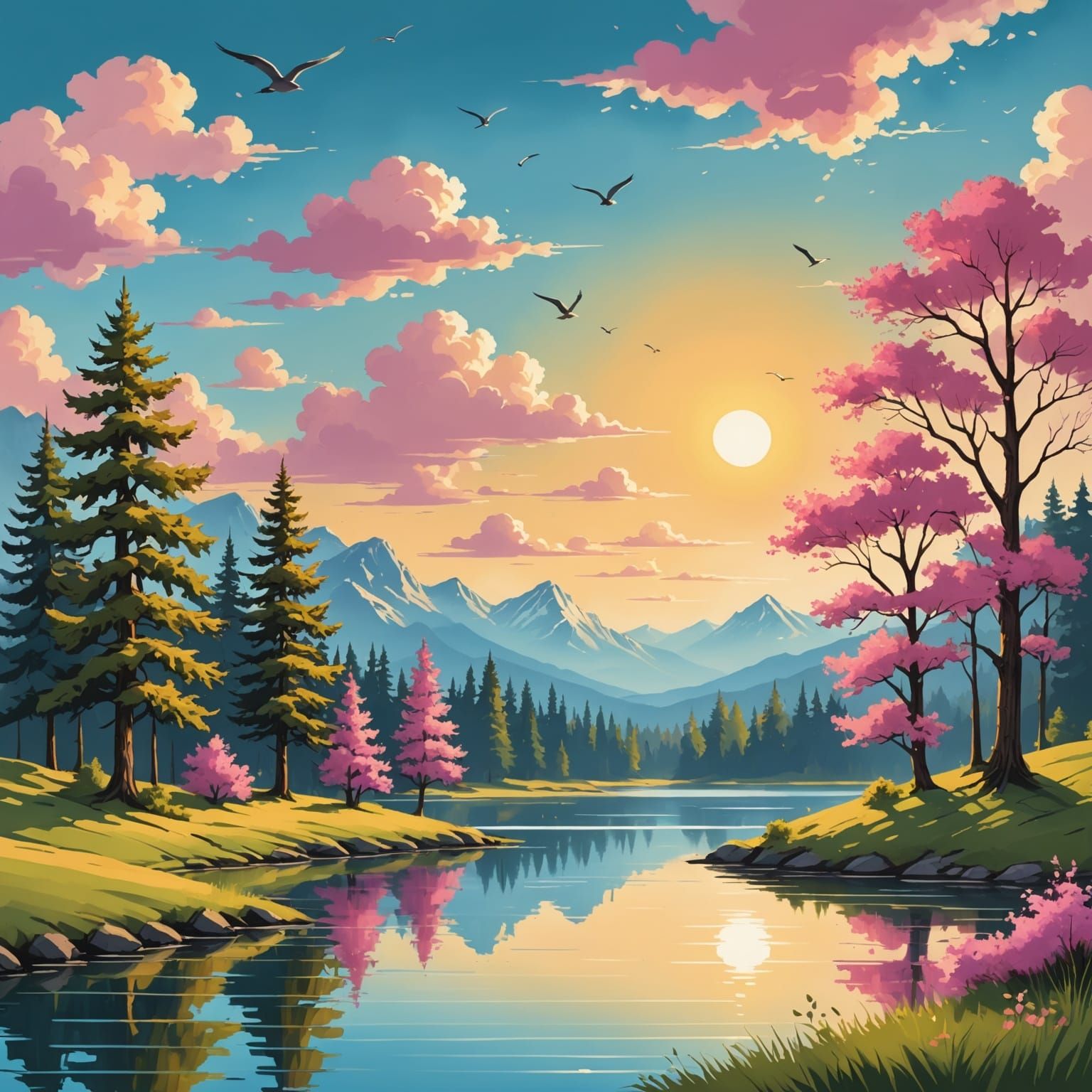 Bob Ross Inspired Serene Landscape with Golden Sunlight