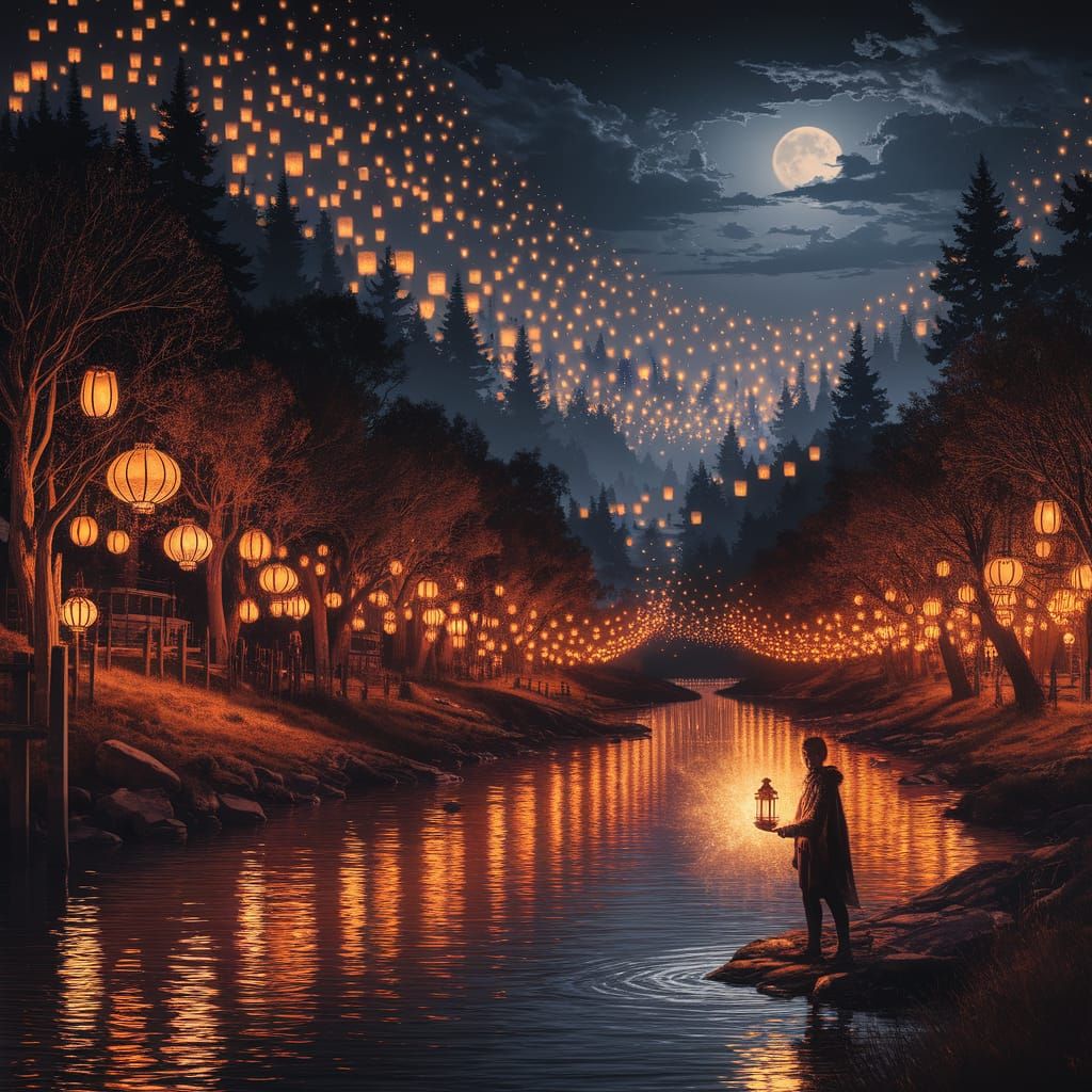Ethereal Lanterns Illuminate Dark Fantasy River Scene