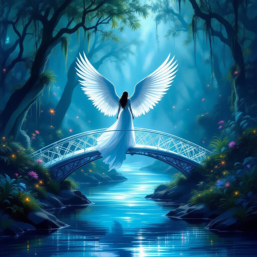 Angel on Crystalline Bridge in Bioluminescent Forest