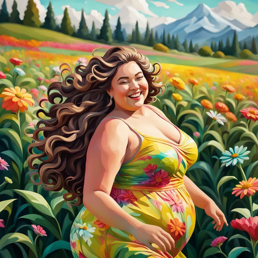 Chubby Woman Dancing in Flower Field as Graffiti Art