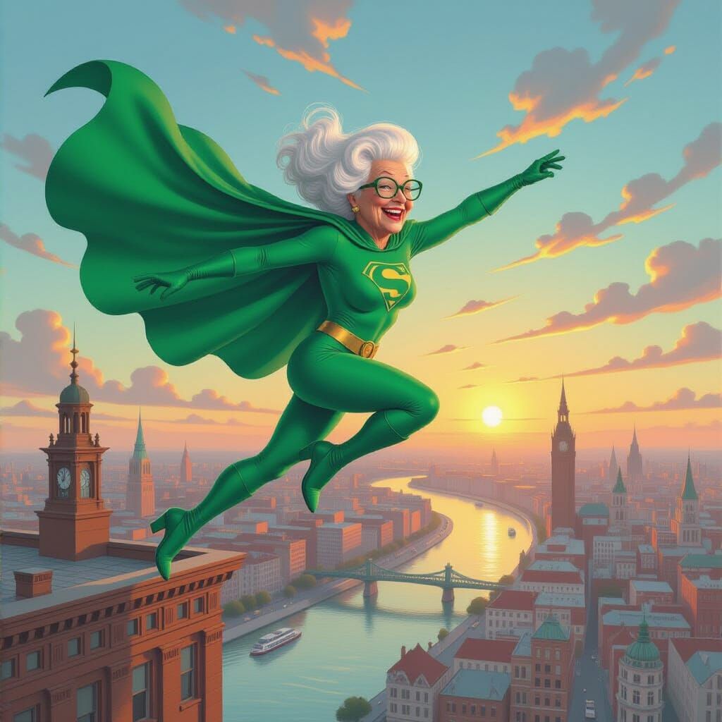 Grinning Grandma Superhero Leaps at Sunset