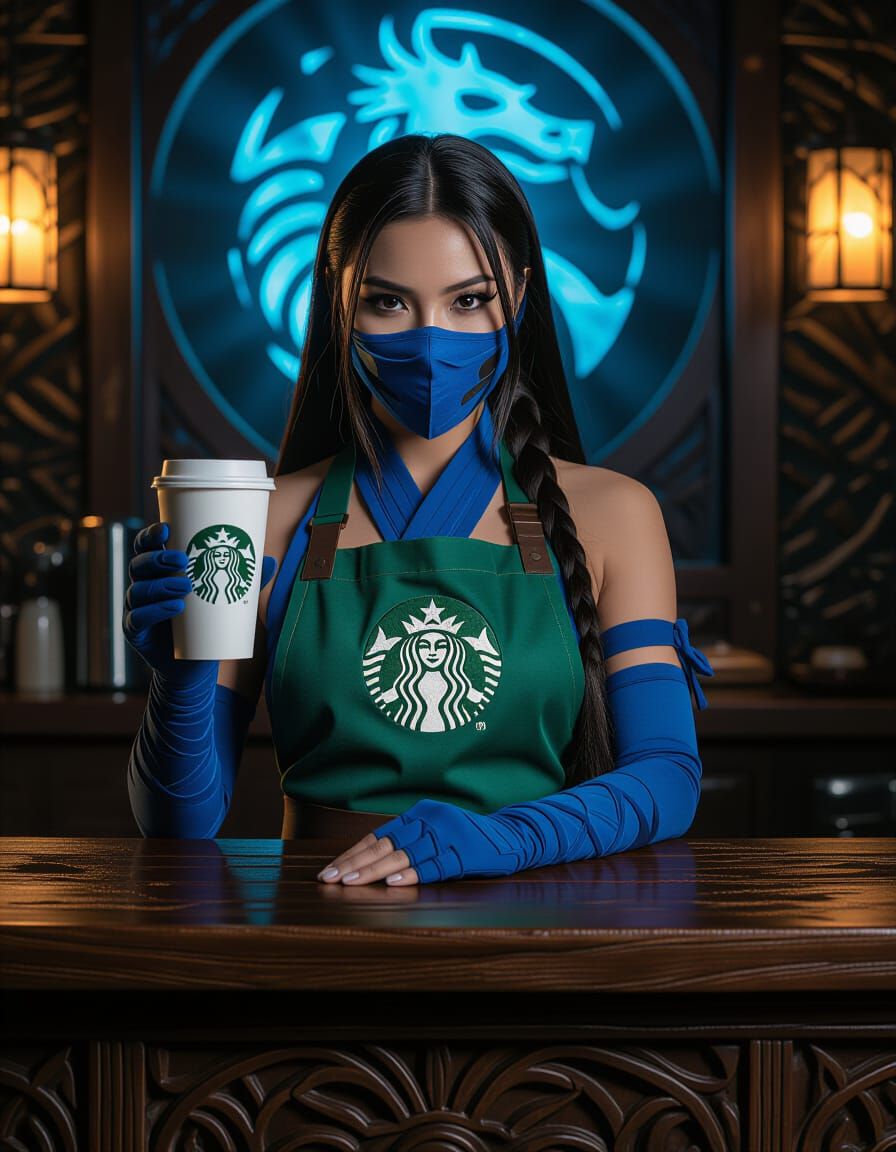Kitana as Starbucks Barista with Mortal Kombat Accents