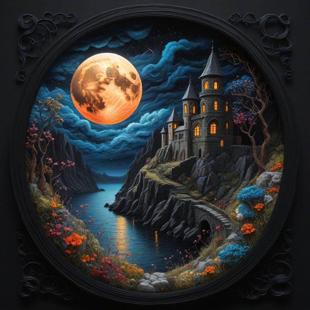 Moonlit Castle in Vibrant Felted Wool Art