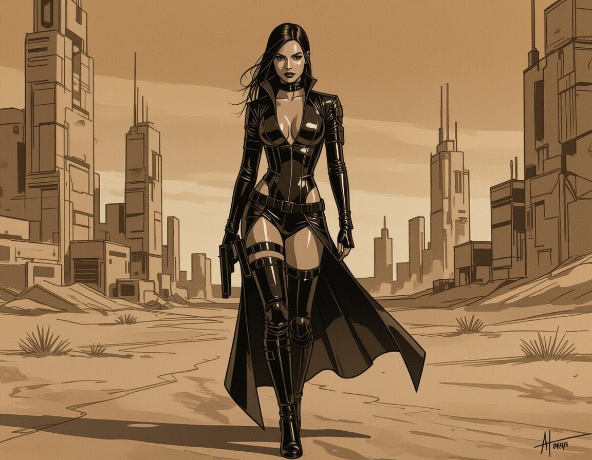 Monochrome Chiaroscuro Desert Hunter in Latex Fashion