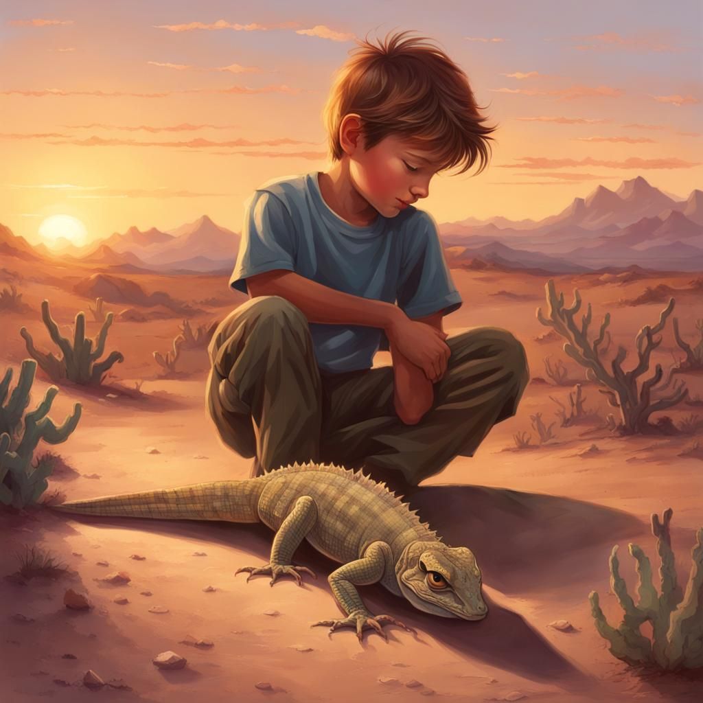 Desert Sunrise: Boy and Lizard Conversation