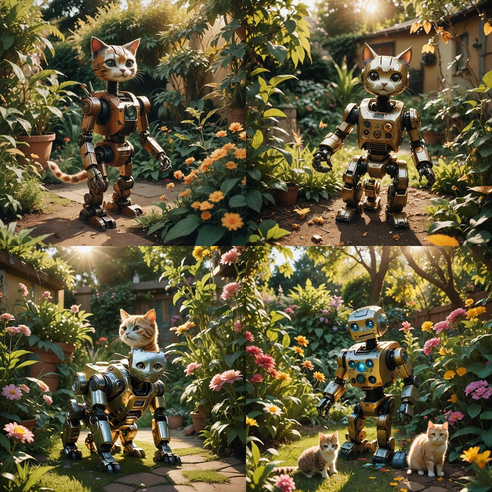 Robot and Kitten in Garden: Cinematic Film Still