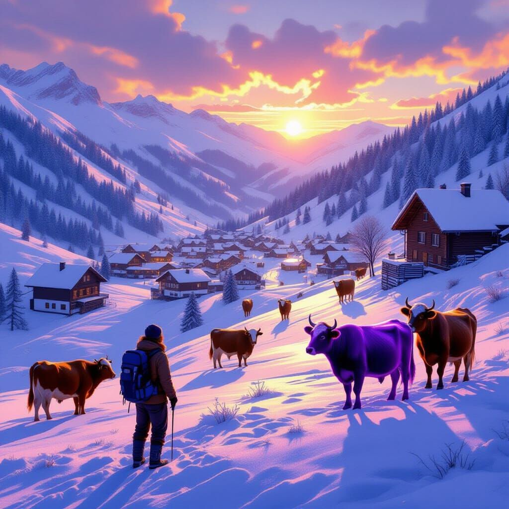 Snowy Alpine Village at Dawn with Glowing Purple Cow