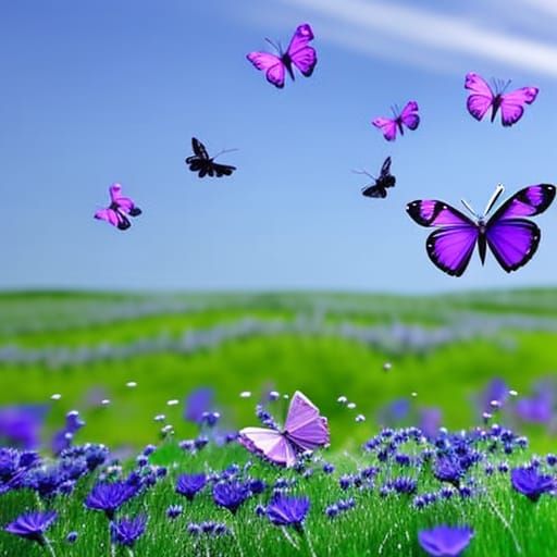 Icy Blue Flowers and Violet Butterflies in Origami Style