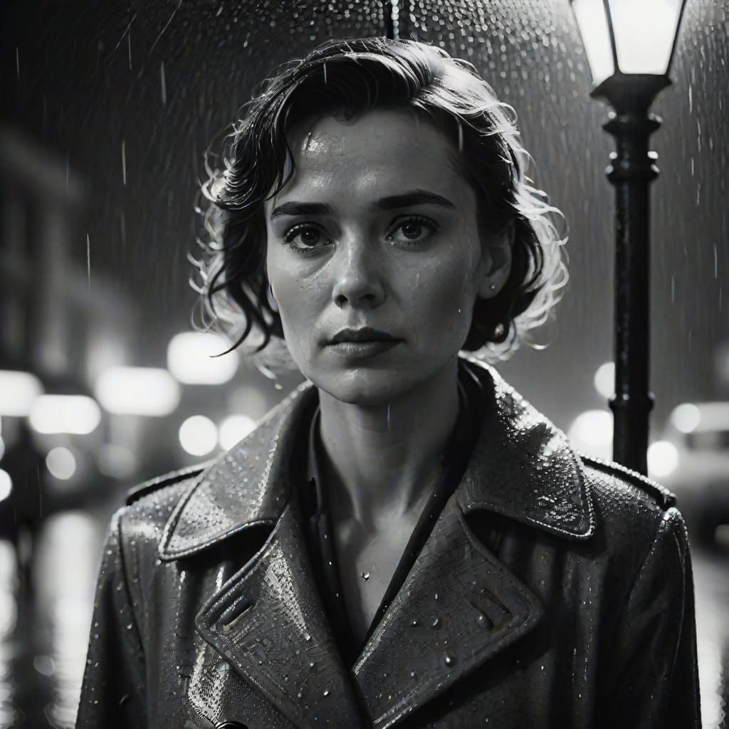 Film Noir Woman on Rainy Street, Moody Monochrome