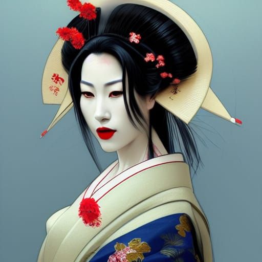 Geisha Portrait in Japanese Style with Red Lipstick
