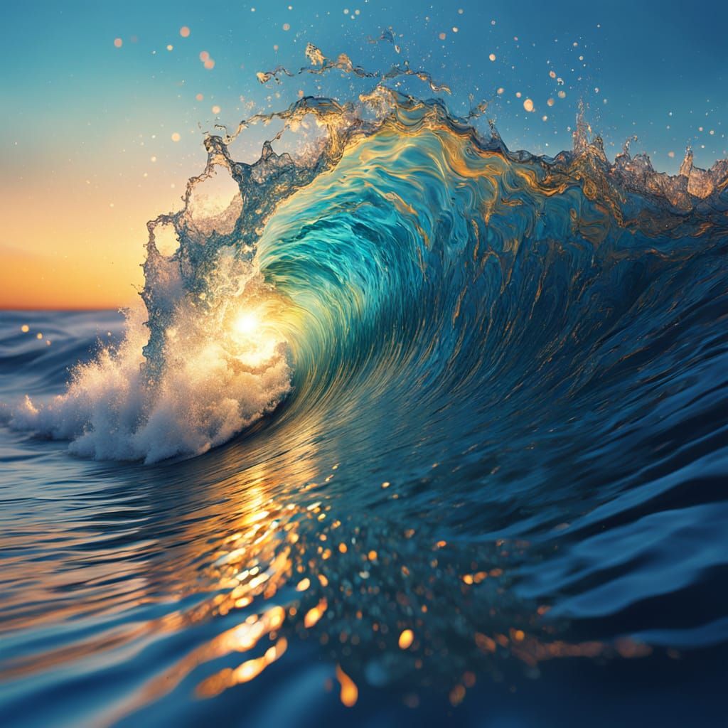 Crystal Blue Ocean Waves at Sunset in Splash Art Style