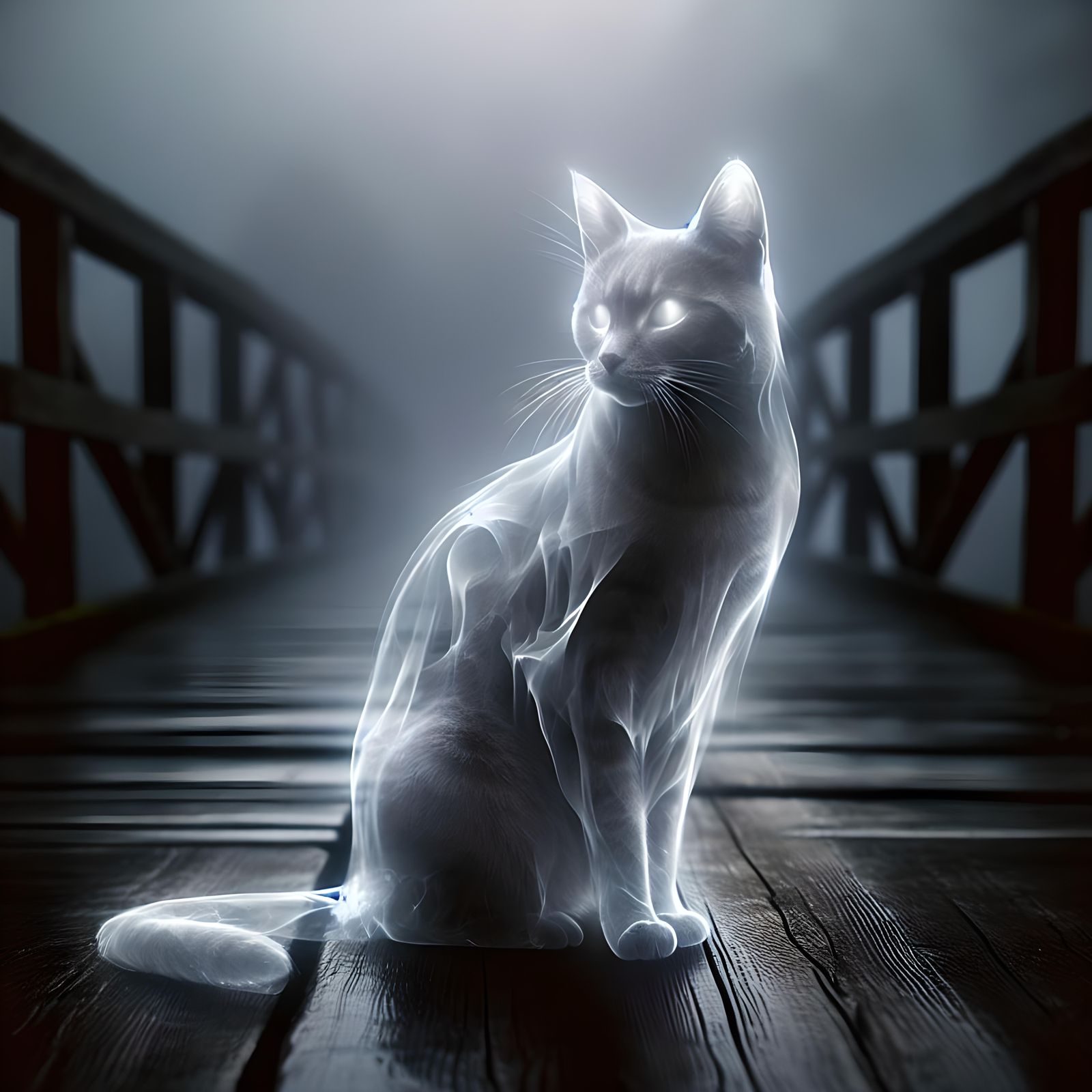 Ethereal Ghost Cat on Foggy Bridge