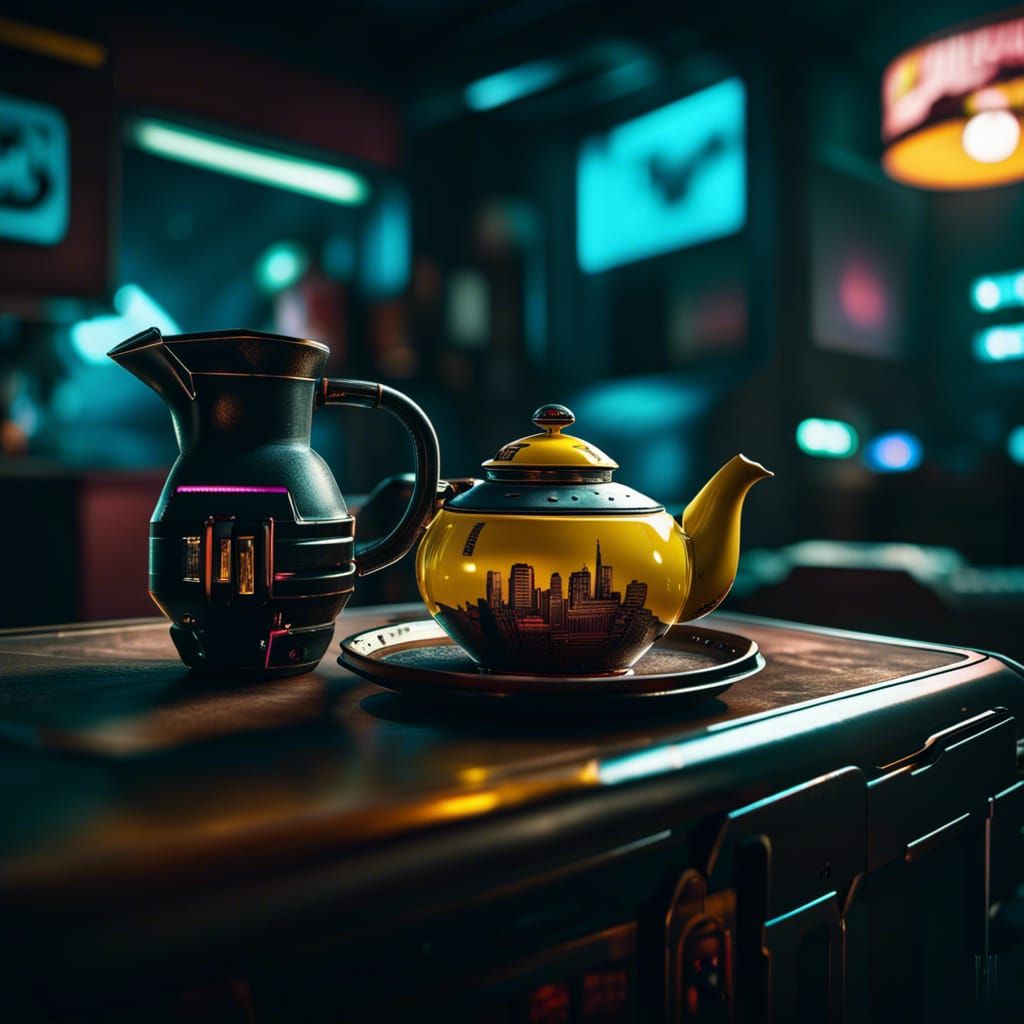 Cyberpunk Teapot in Hyperrealistic Photography Style