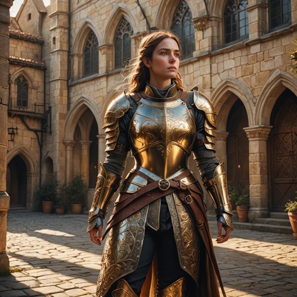 Armored Woman in Medieval Courtyard: Fantasy Art