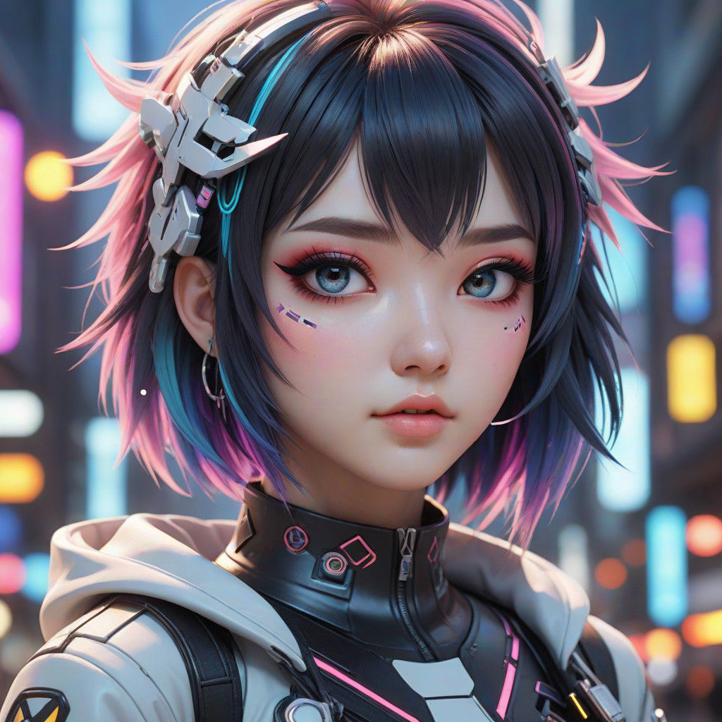 Vibrant Futuristic Emo Girl Portrait in Anime Style