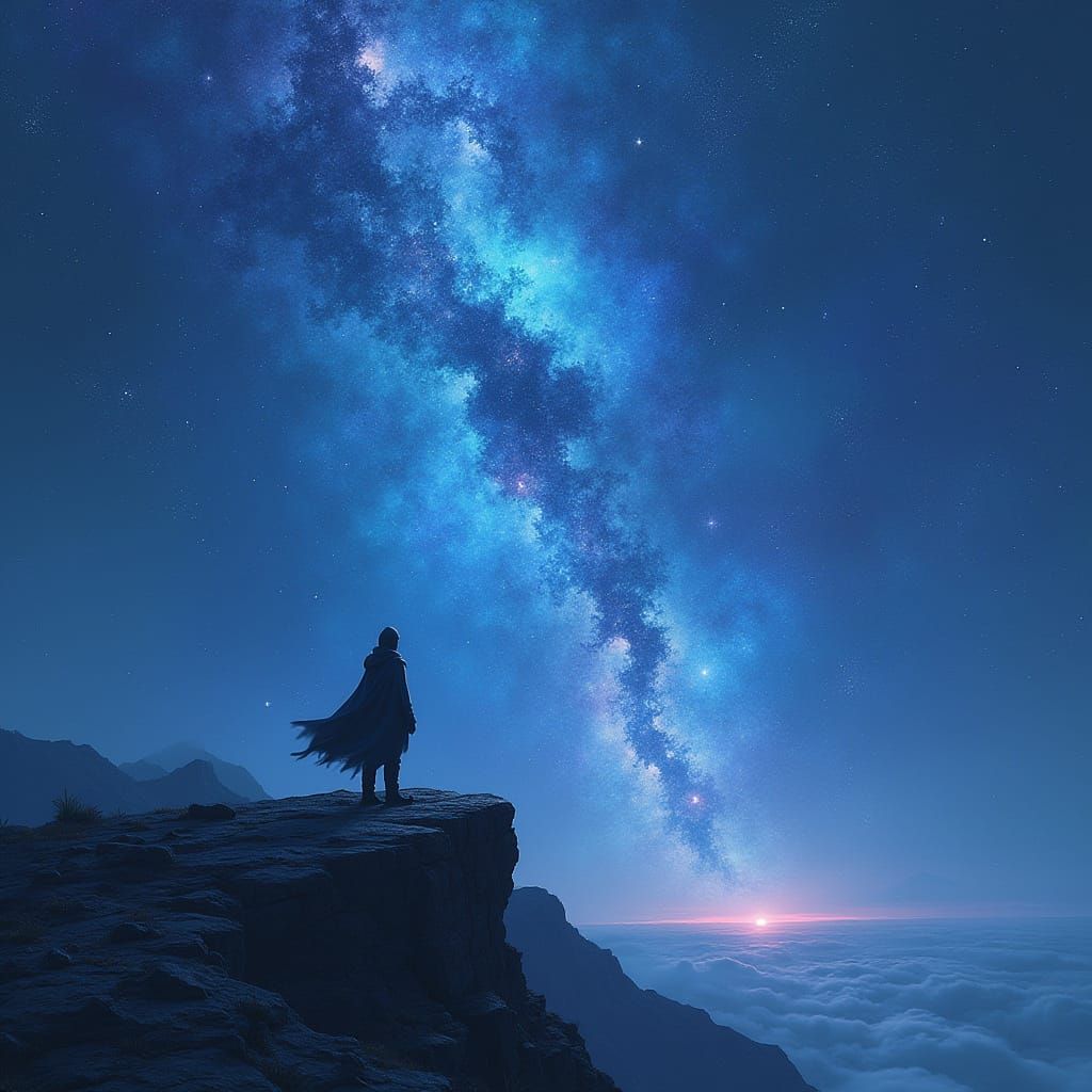 Cosmic Wanderer in a Vibrant Blueshift Night Sky