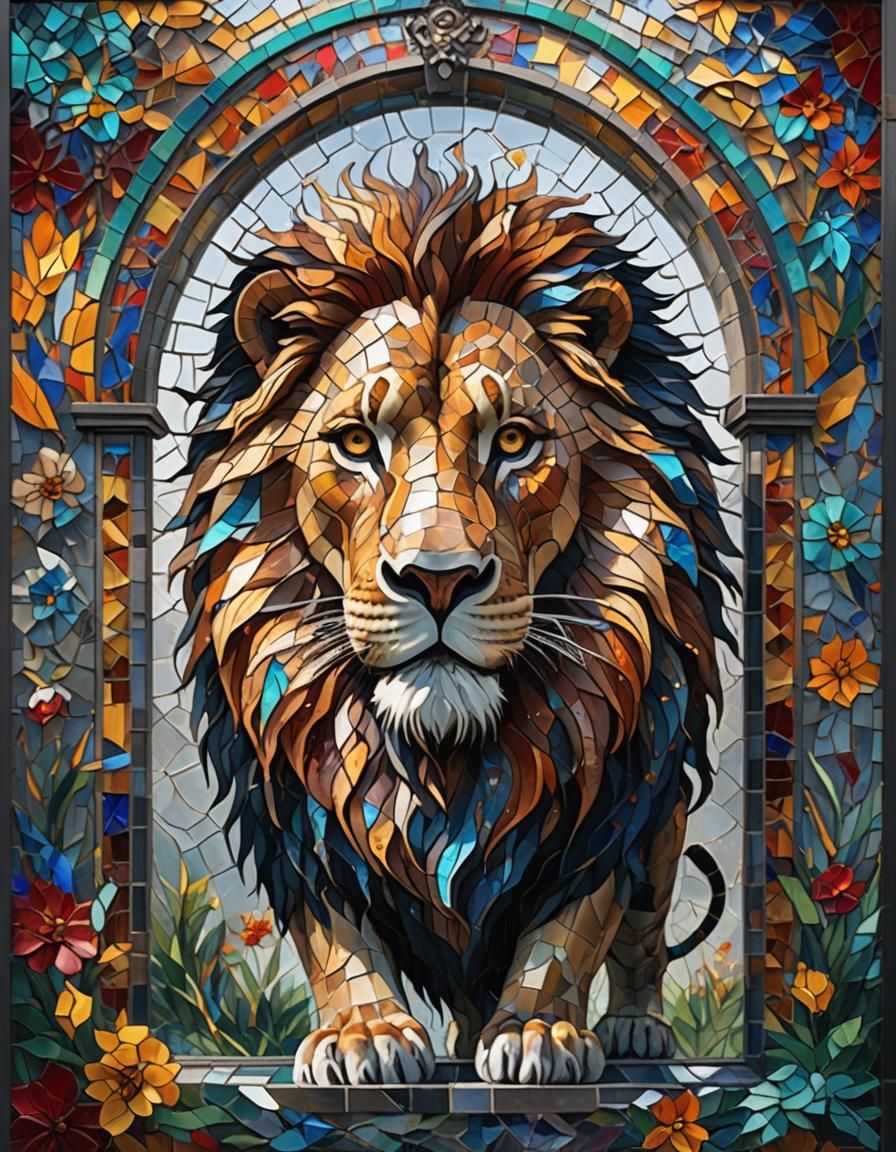 Colorful Mosaic Lion on Glass