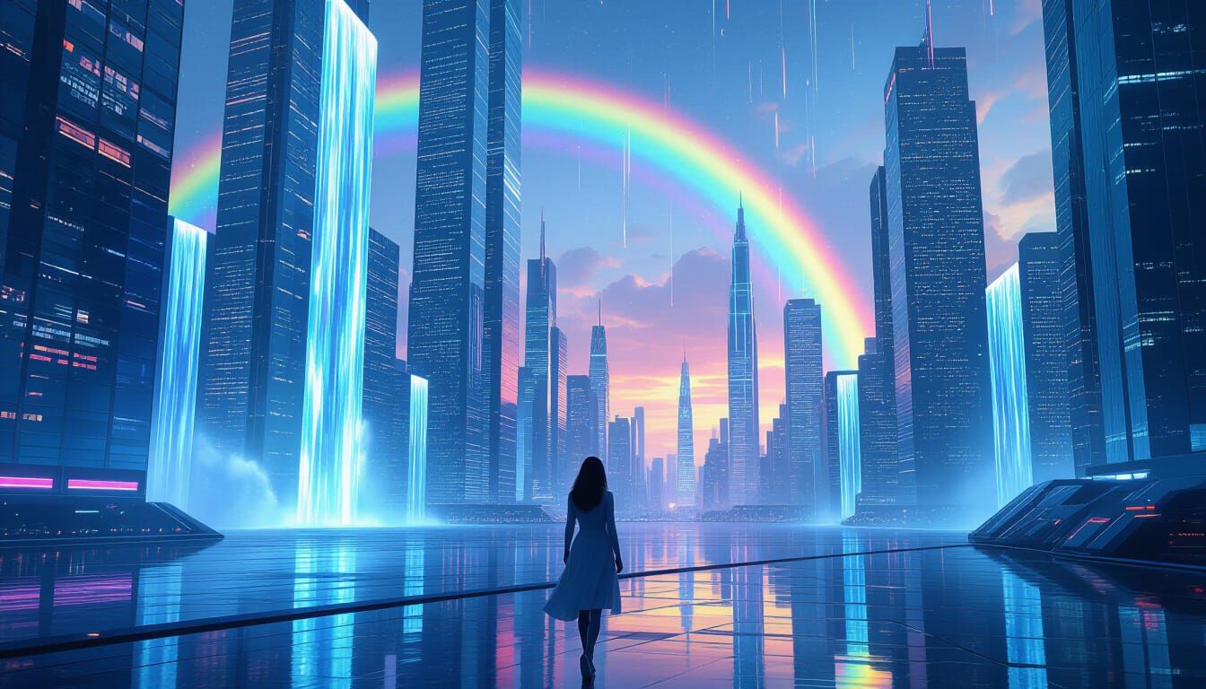 Futuristic City with Crystal Waterfalls in Cyberpunk Style