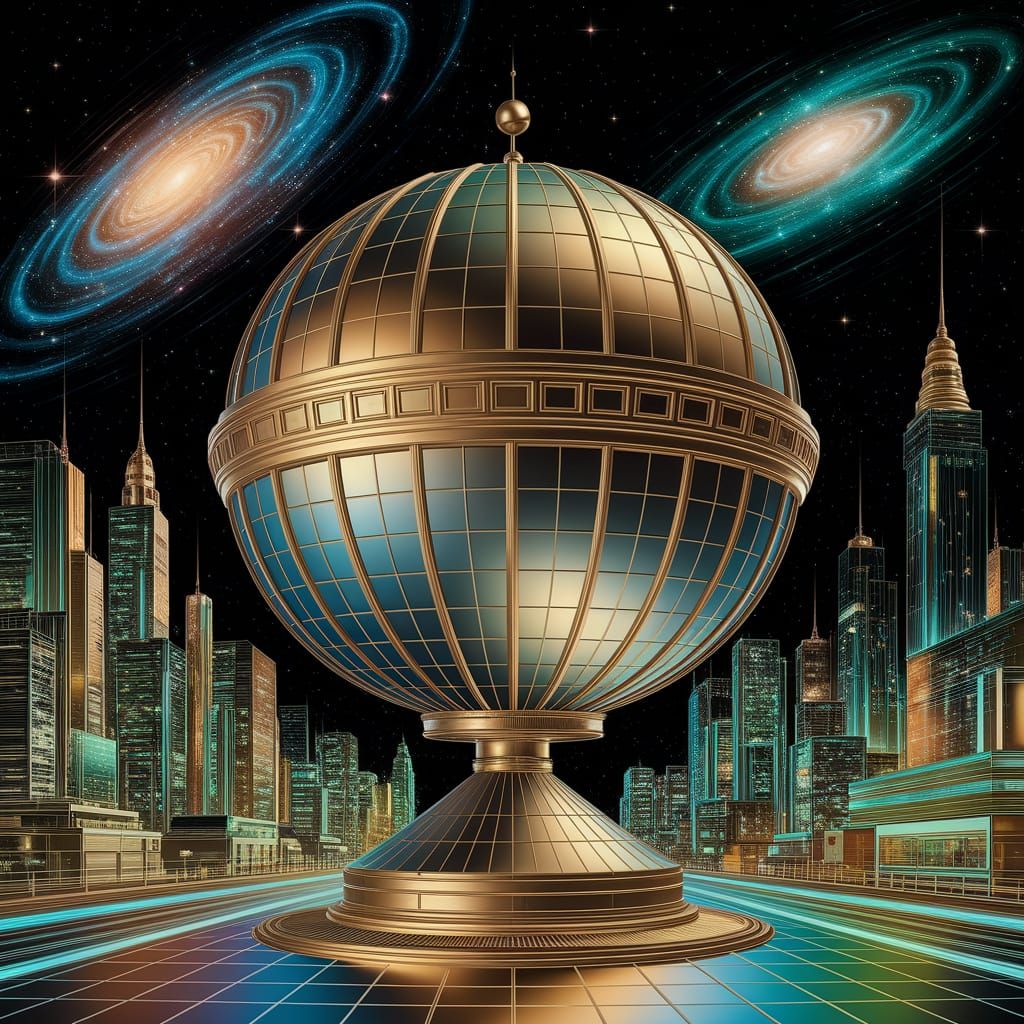 Teslapunk Metropolis with Brass Architecture and Galaxies