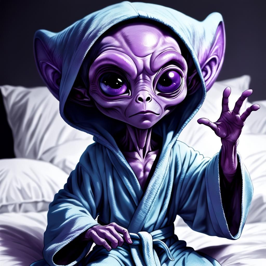 Cute Purple Alien in Bed, Applying Eye Drops