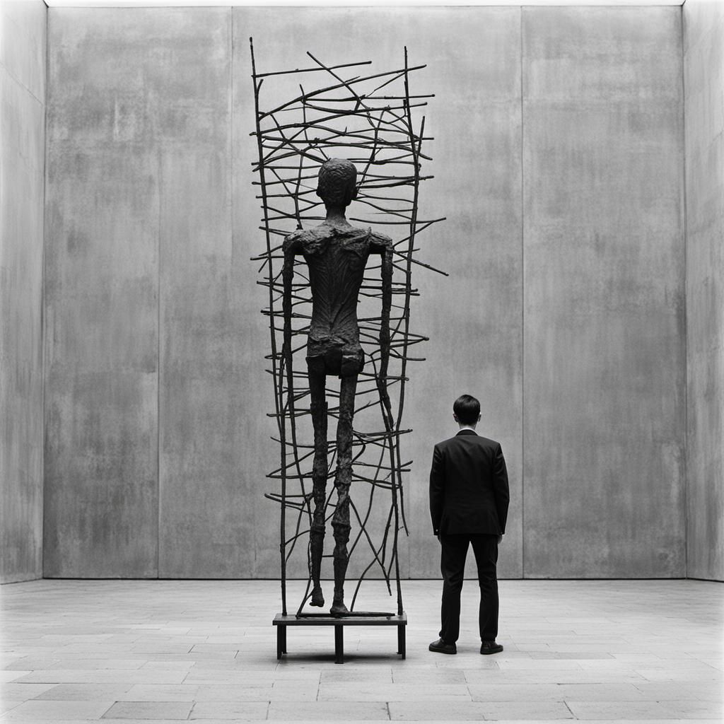 Boy and Towering Sculpture in Modernist Style