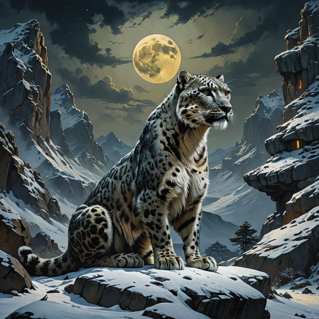 Snow Leopard in Dark Mountain Temple Oil Painting
