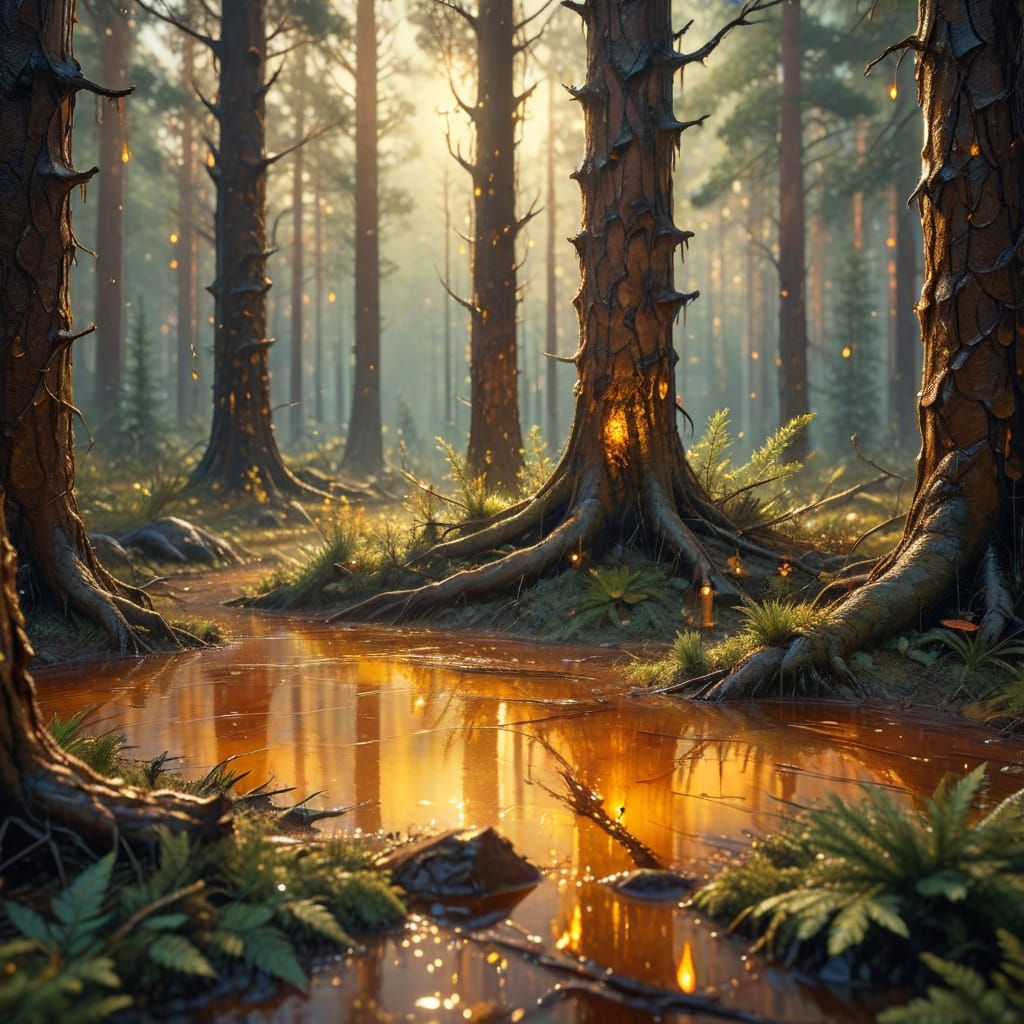 Enchanting Forest Scene: Glistening Sap & Manna