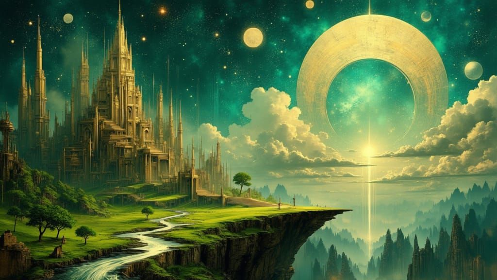 Cosmic City on Shattered Planet Fragment with Time Gate