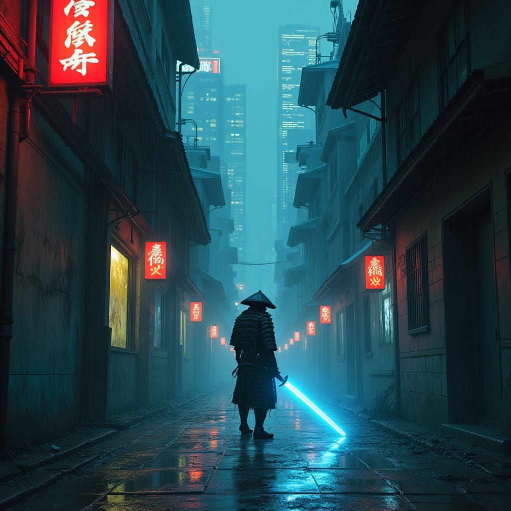 Cyberpunk Samurai Guarding Rainy Alleyway