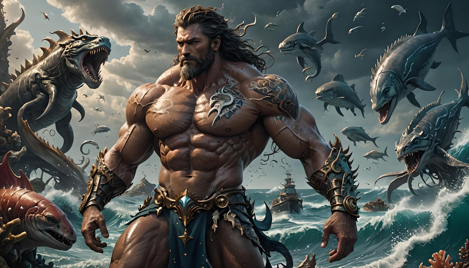 Epic Sea God with Mythical Creatures