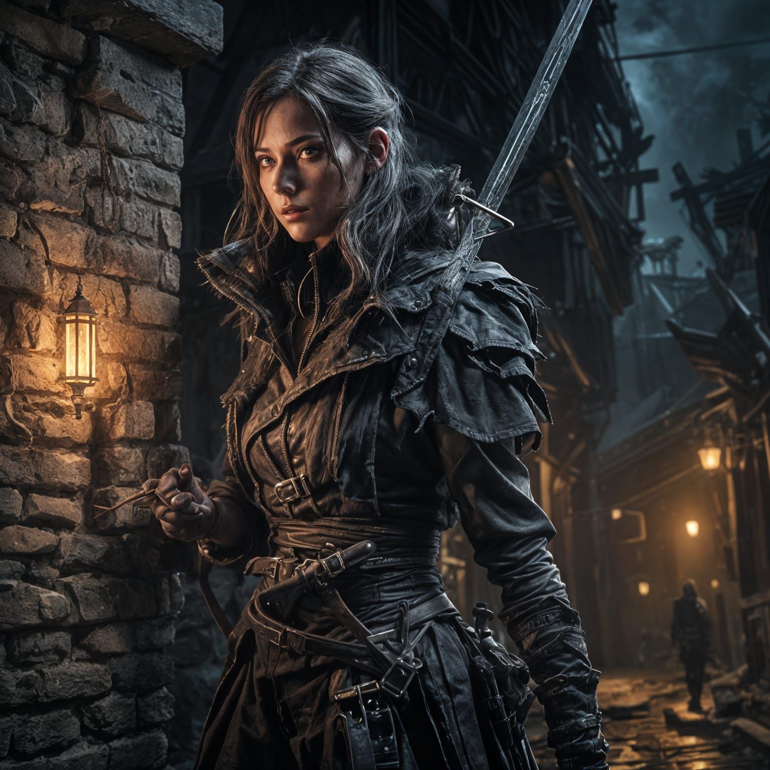 <lora:Dark fantasy realism:1.0> Female Rogue hiding in the s...