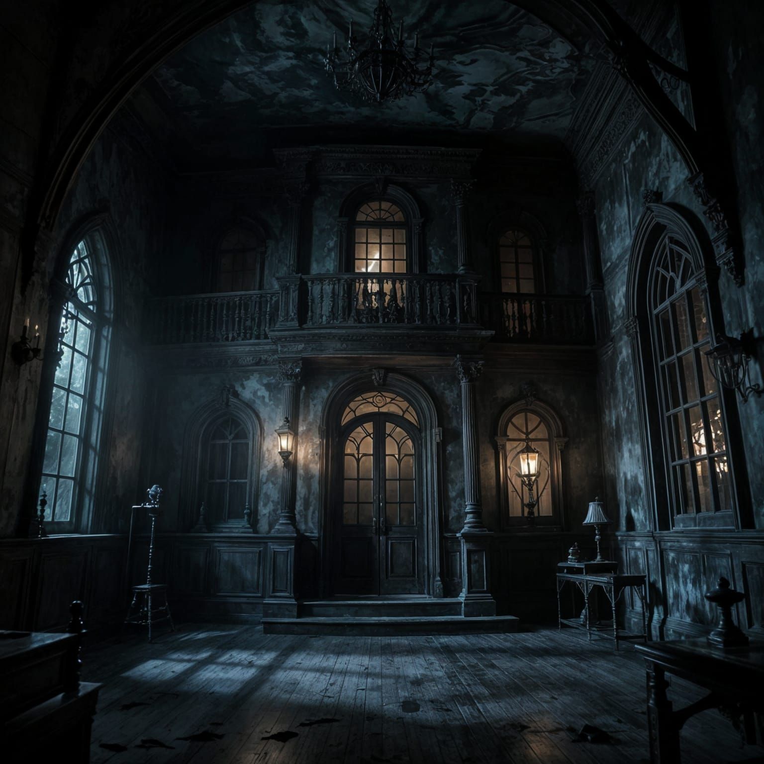 Eerie Haunted House Interior with Ghostly Shadows