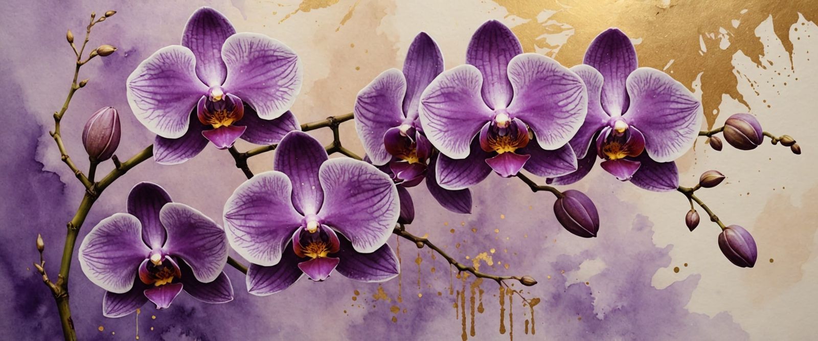 Golden Orchids in Dreamy Watercolor Style