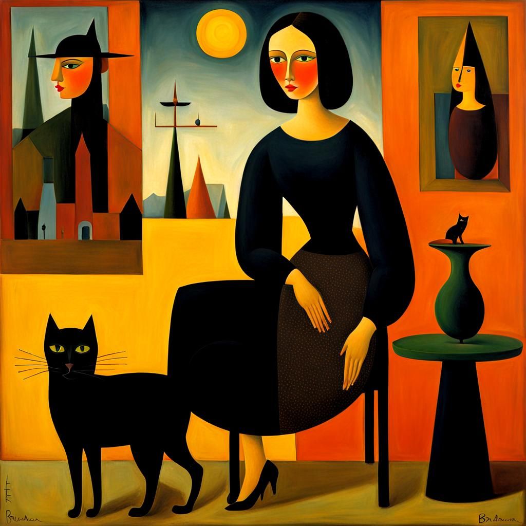 Surreal Woman with Black Cat in Surrealist Style