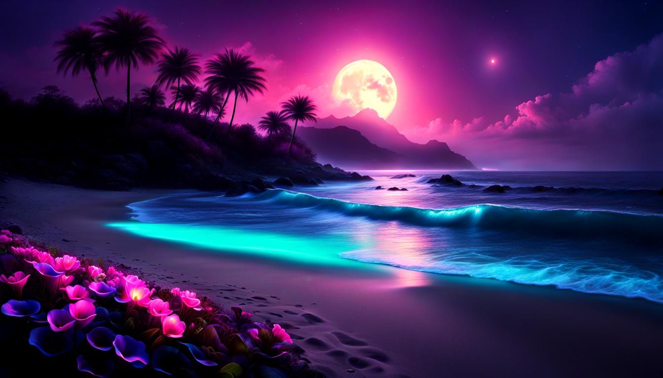 Bioluminescent Fractal Beach in Surreal Hyperrealism