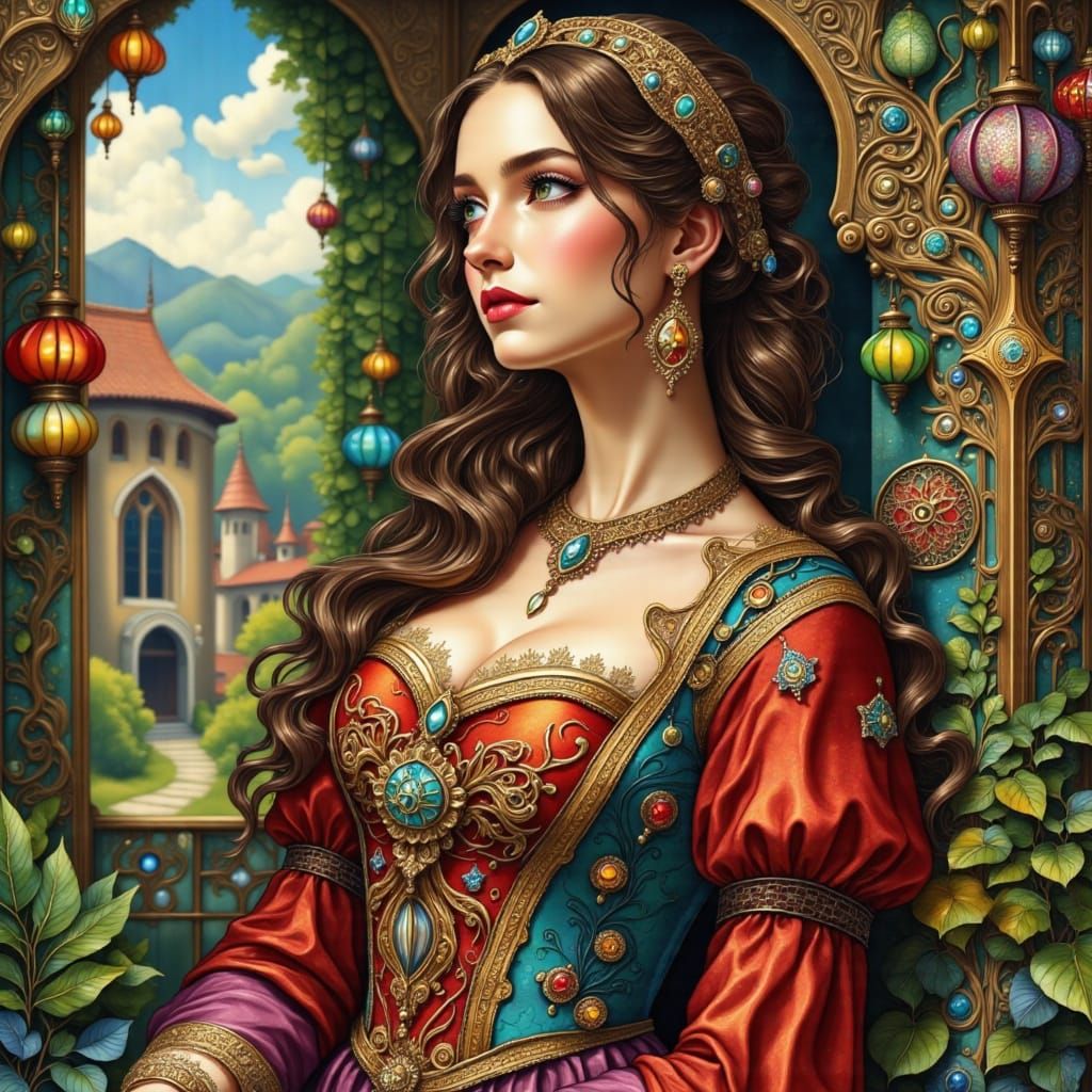 Medieval Illuminated Portrait of a Noble Lady in Castle Gard...