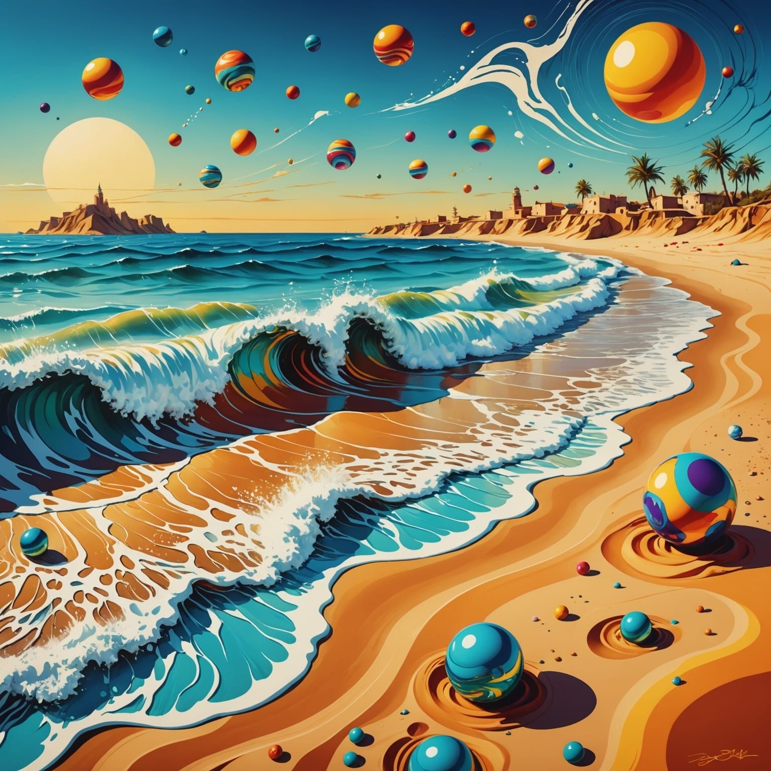 Psychedelic Spheres Wave on Surreal Beach Illustration