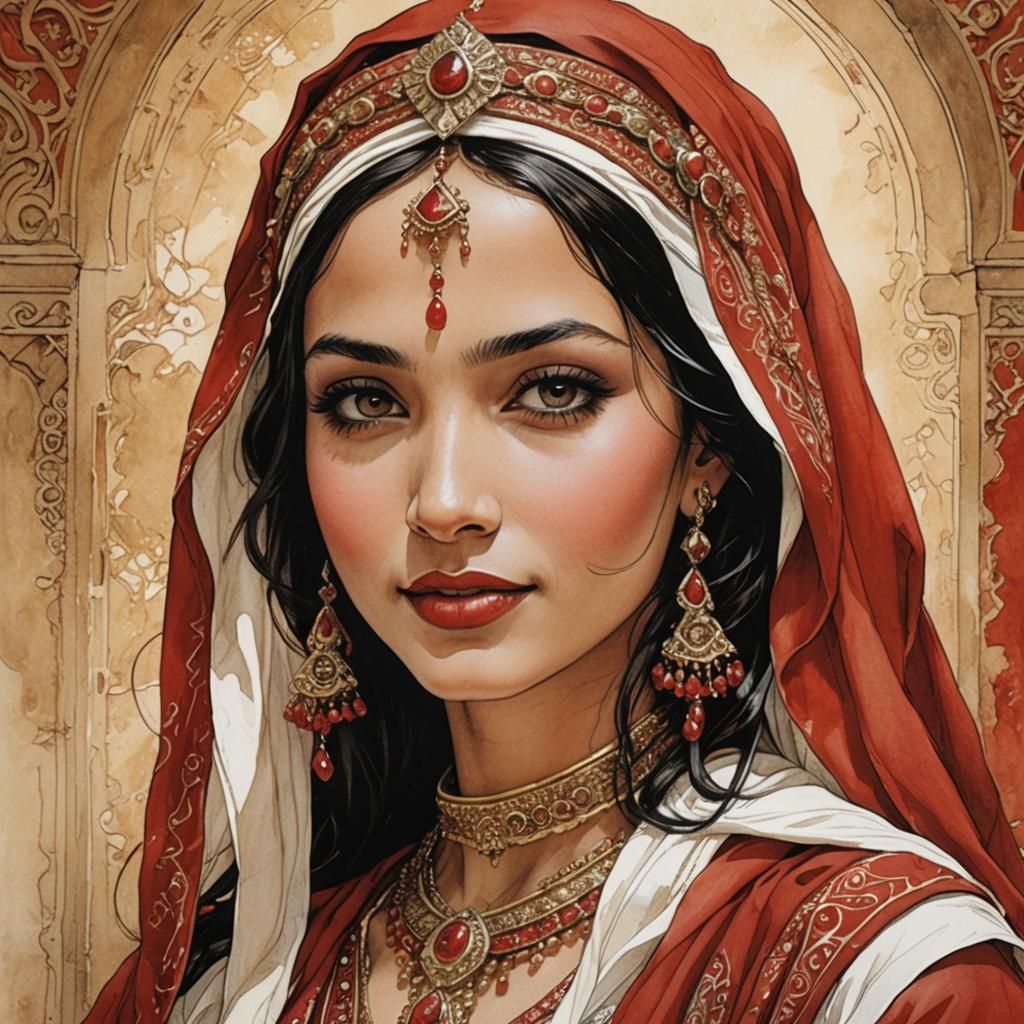 Arabian Princess Portrait in Red, Milo Manara Style
