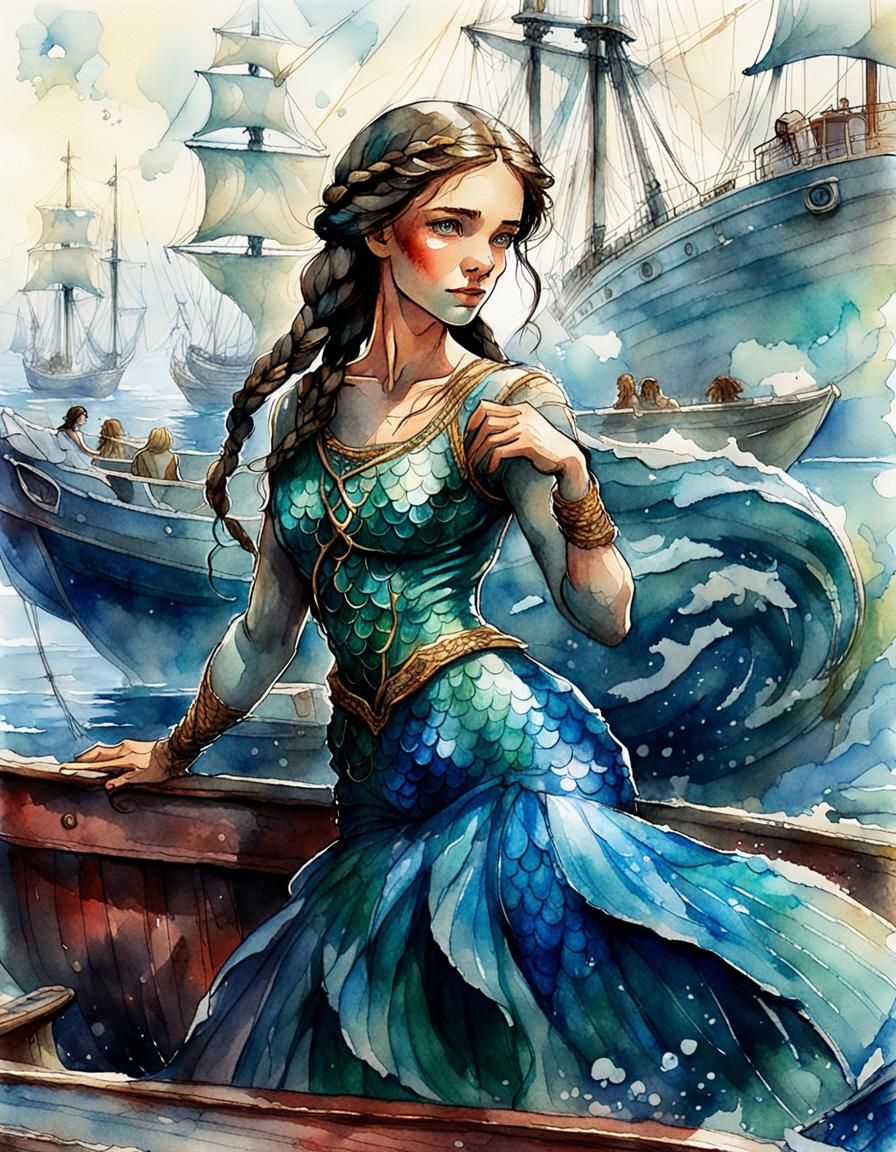 Brunette Mermaid in Harbor, Comic Book Style