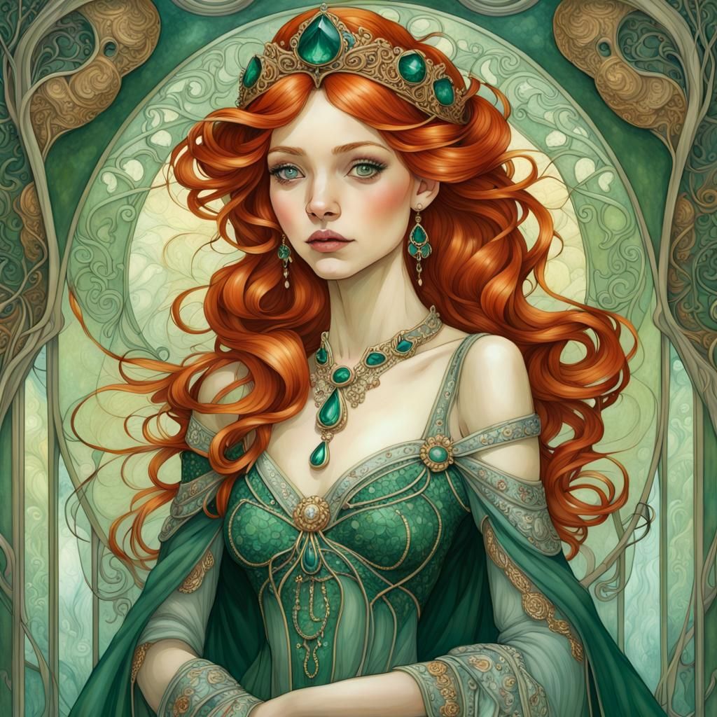 Art Nouveau Princess with Emerald Jewels Portrait