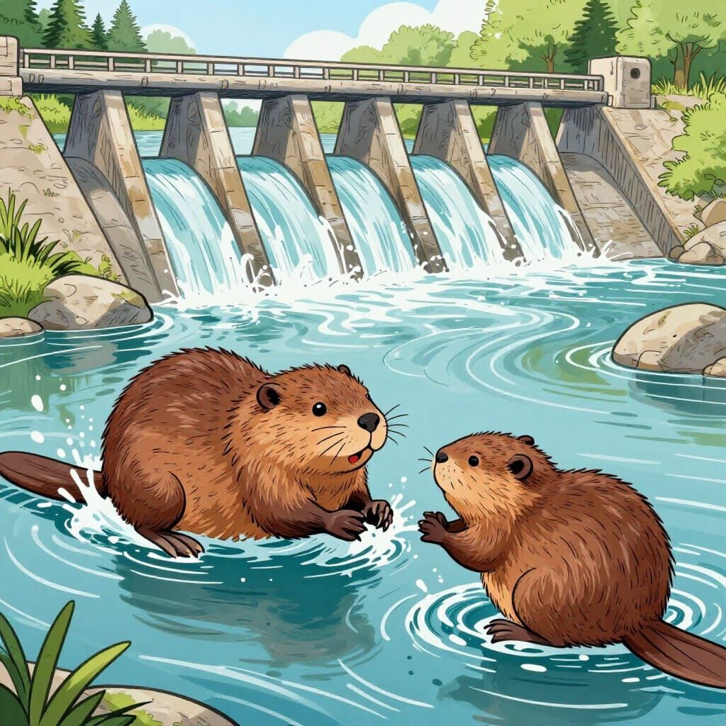 Playful Beavers Interact Near Dam in Art Line Style