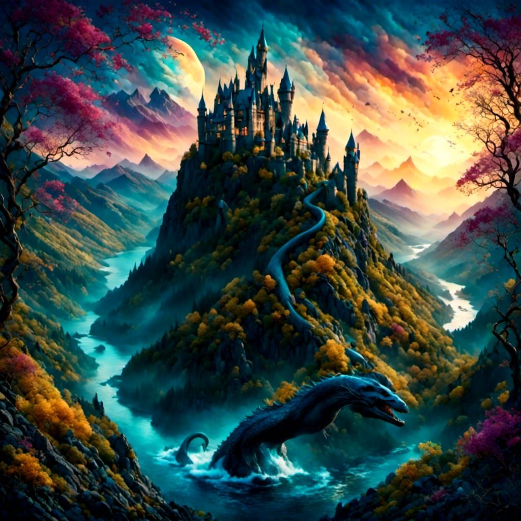 Loch Ness Monster in Scotland, Watercolor Painting