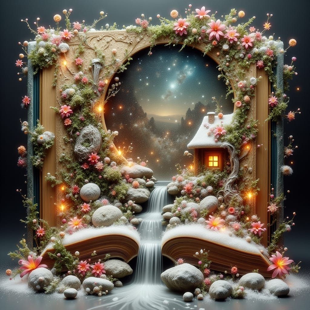 Wabi-Sabi Aged Book with Christmas Cottage Scene