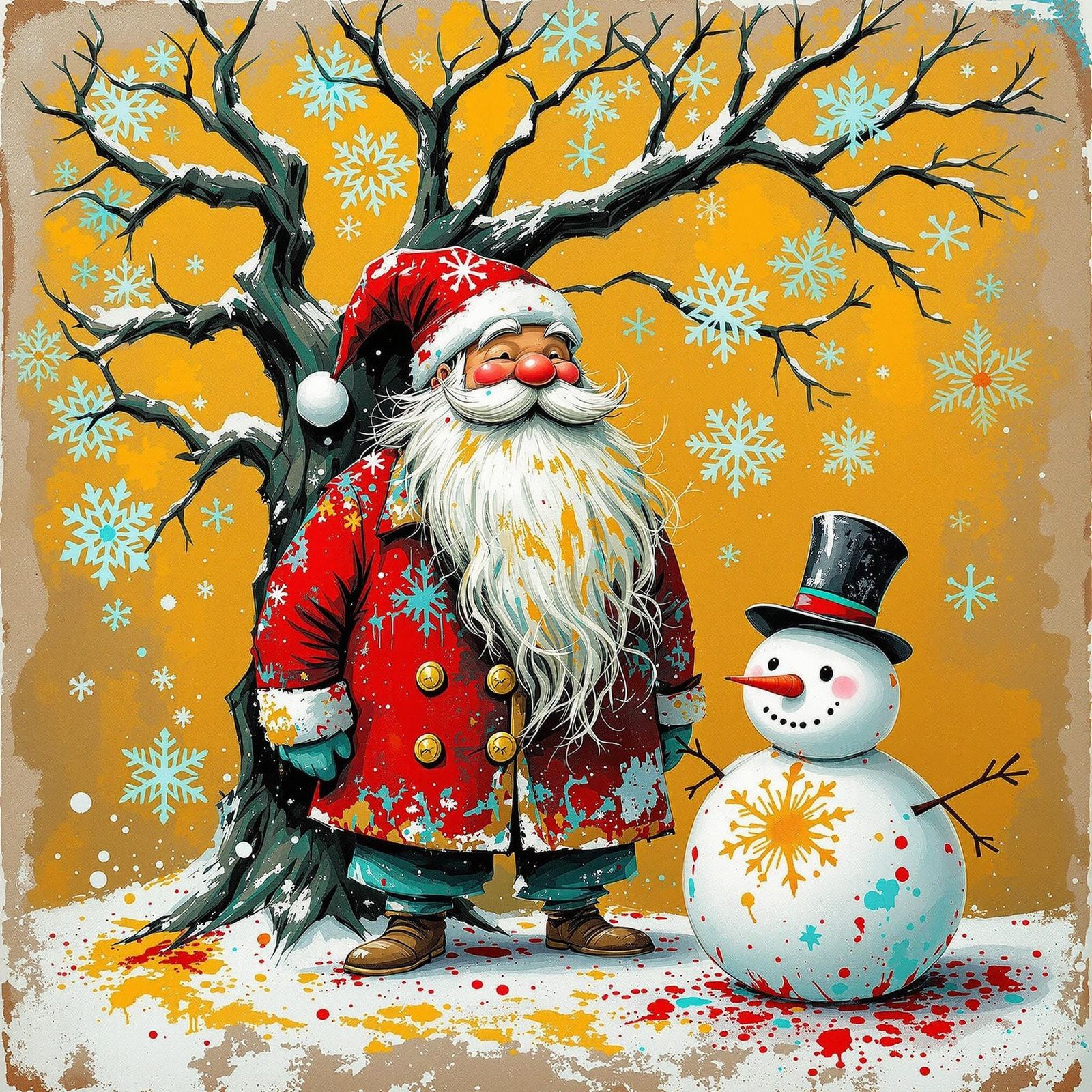 Vintage Christmas Scene with Distressed Tree and Santa Claus