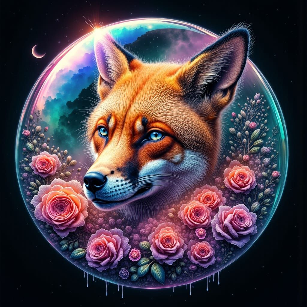 Surreal Fox in Shimmering Sphere with Roses