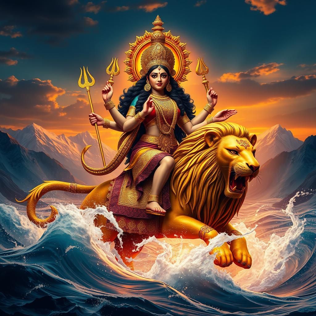Durga Maa in Golden Armor Rides a Lion