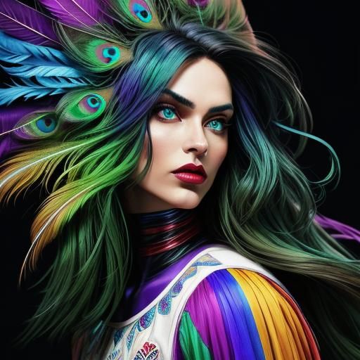 Rainbow Woman with Peacock Hair, Comic Book Art
