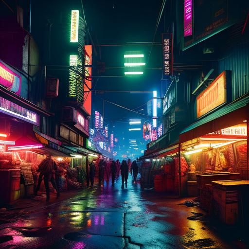 Cyberpunk Night Market Scene in Neon City