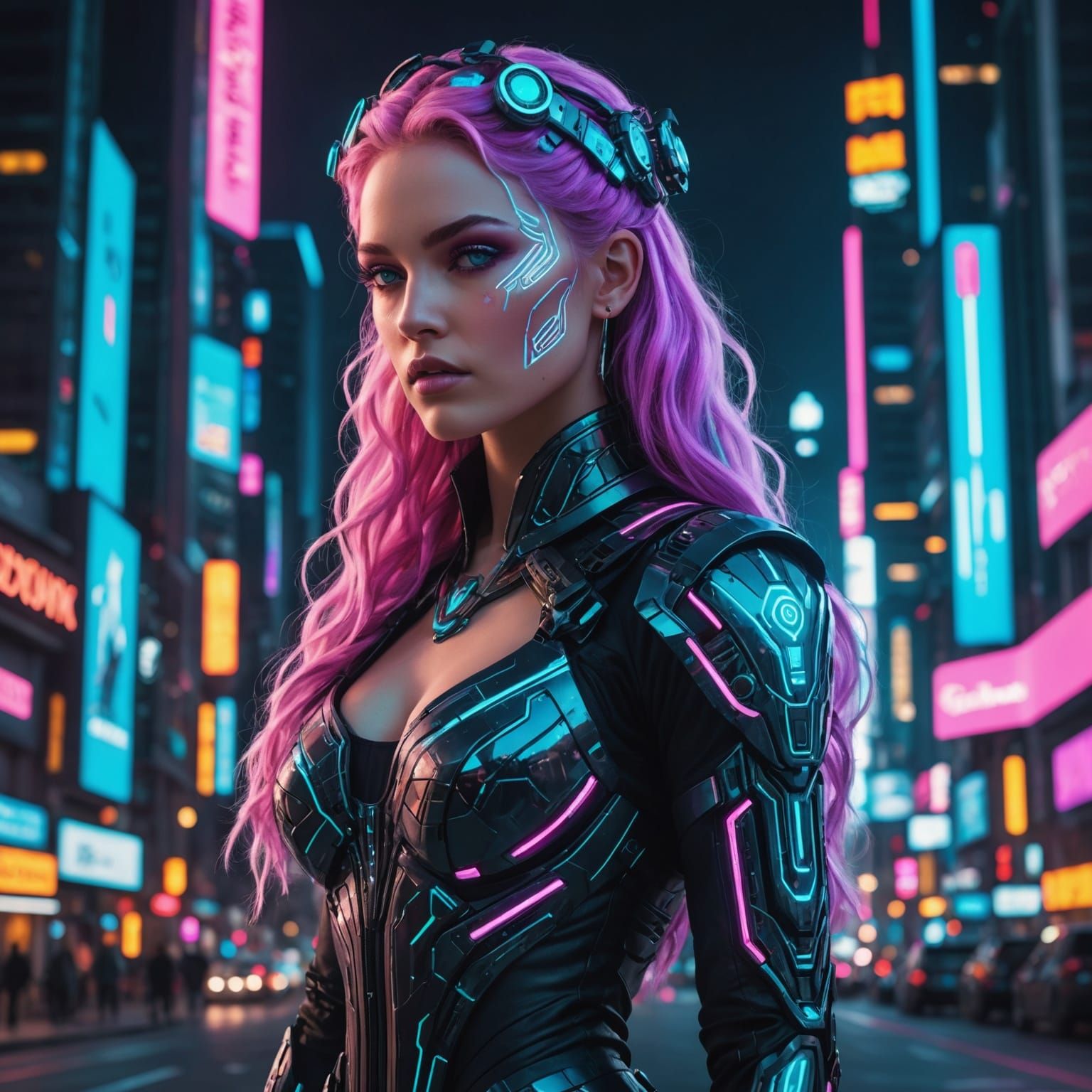 Cyberpunk Aphrodite in Futuristic Neon Cityscape